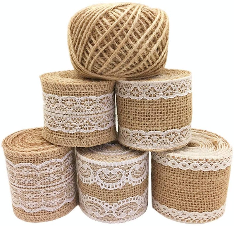 OZXCHIXU 5Pcs Burlap Ribbon Lace Roll with 30 Feet Jute Twine Burlap Ribbon for Wedding Decorations DIY Handmade Crafts (2.2 yards for each roll) - Image 1